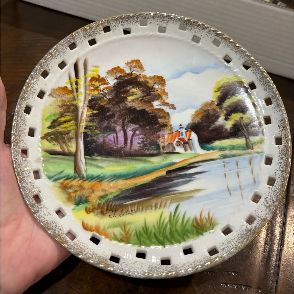 Hand-Painted Scenic Decorative Plate with Gold Rim